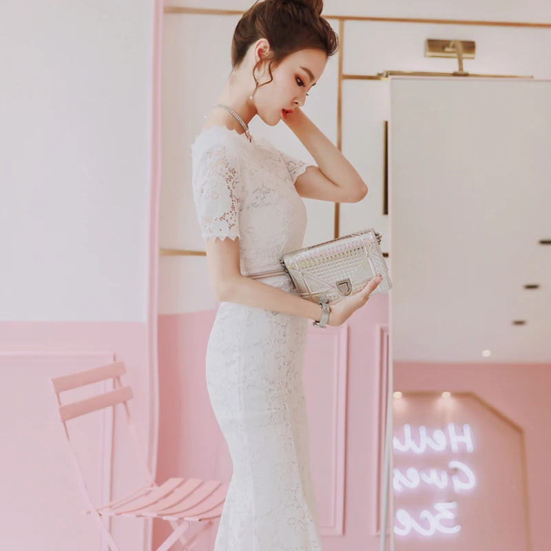 Женское кружевное платье с круглым вырезом элегантные вечерние платья до