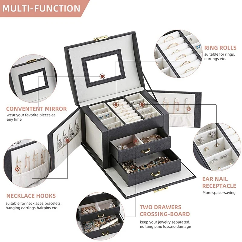 

Jewelry Box Large Capacity Earrings Necklace with Mirror Watch Jewelry Drawer Storage Box Necklaces Velvet Lining Black