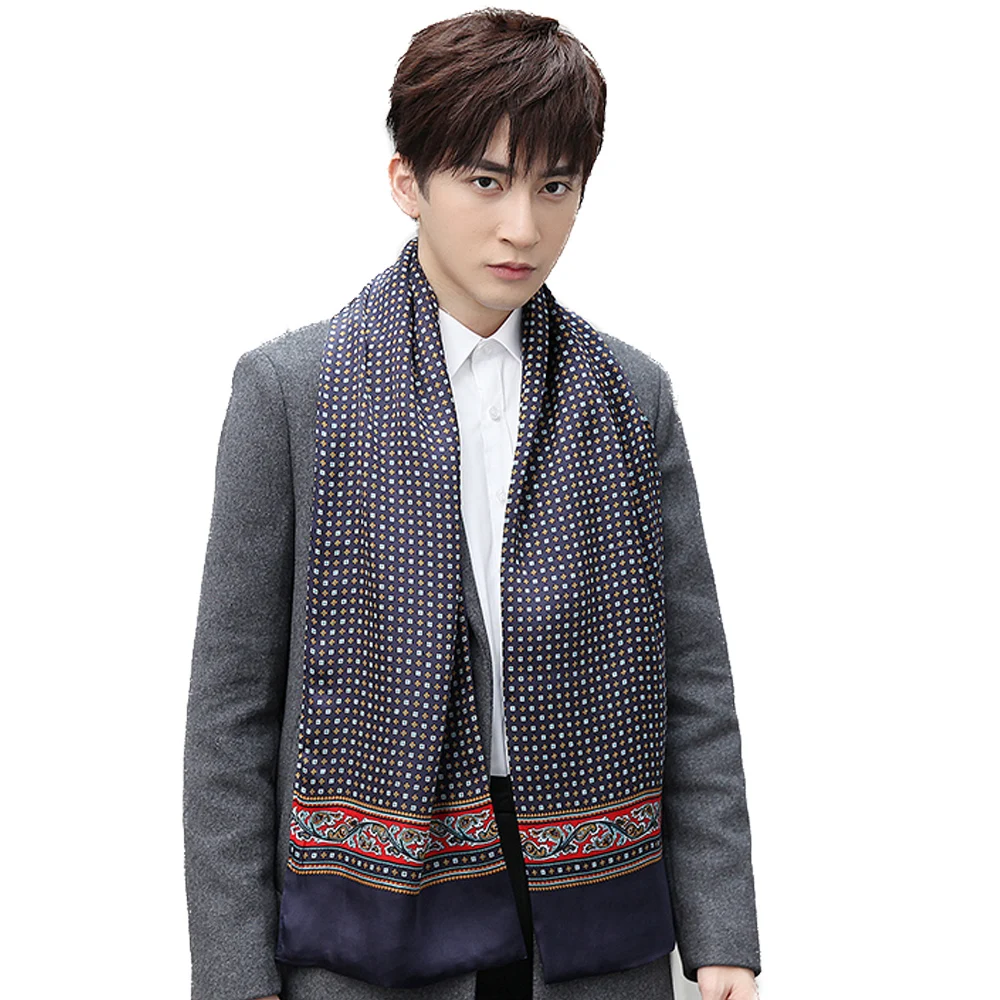 Men 100% Silk Scarf Double Layer Long  Neckerchief Office Cravat Blue Black Red Grey Brown