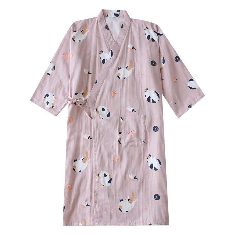 

Japanese Couple Pure Cotton Nightgown Men and Women Summer Gauze Cat Kimono Spring and Autumn Thin Japanese Bathrobe Nightgown