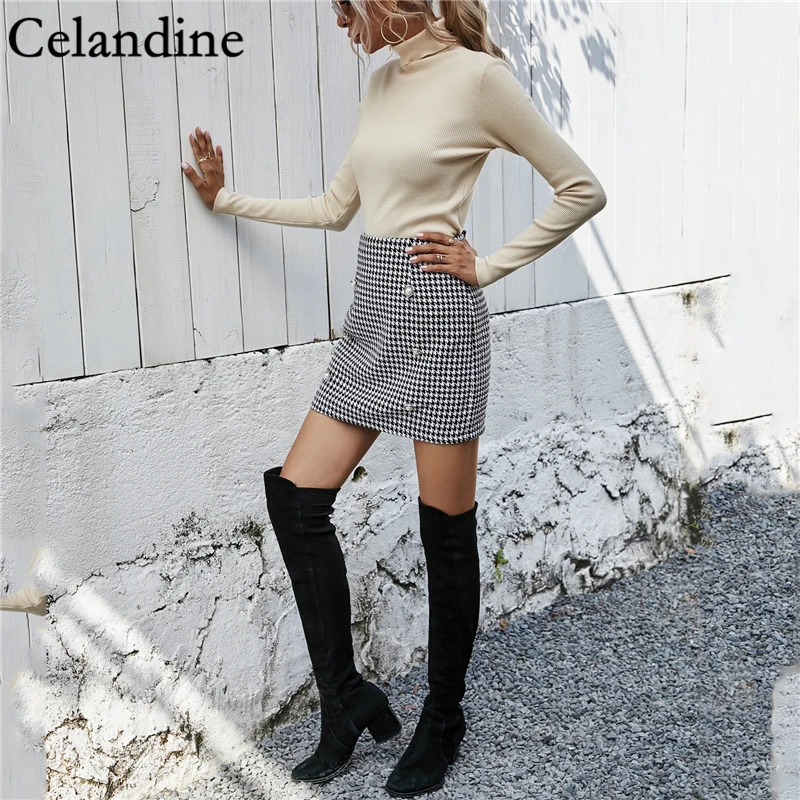 

Celandine Black Houndstooth Sexy High Waist A Line Mini Skirts Women Fashion Casual Button Plaid Short Skirts Ladies Party 2020