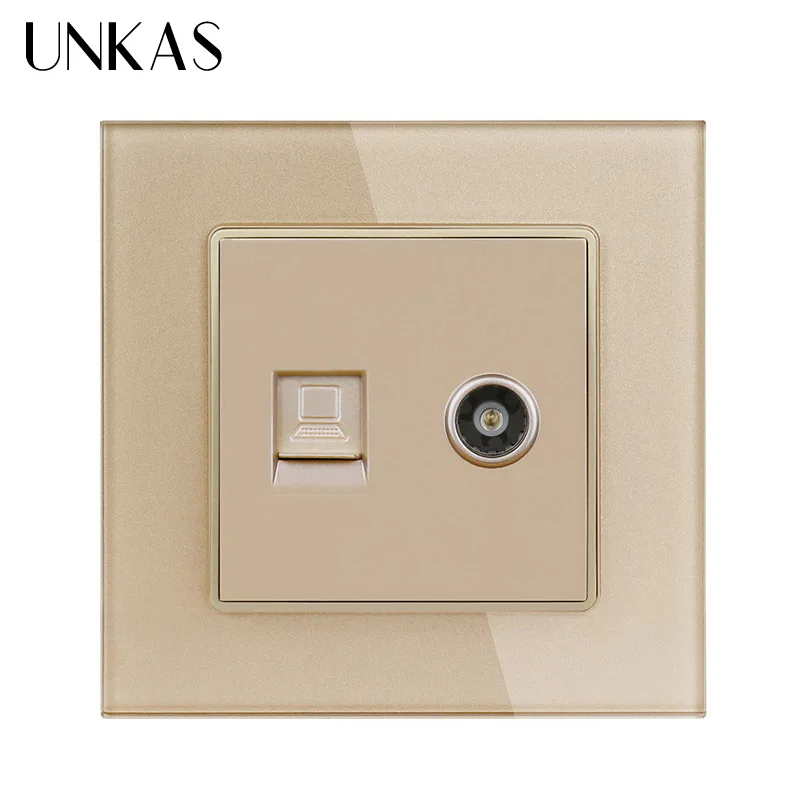 UNKAS White Luxury Crystal Glass Panel RJ45 Internet Data Computer Jack CAT5E Connector With Female TV Outlet Wall Socket | Обустройство
