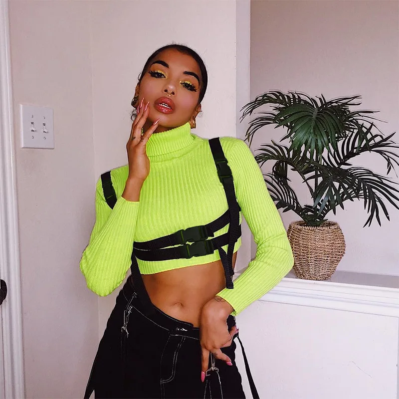 BOOFEENAA неоновая зеленая ребристая трикотажная футболка уличная осенняя одежда