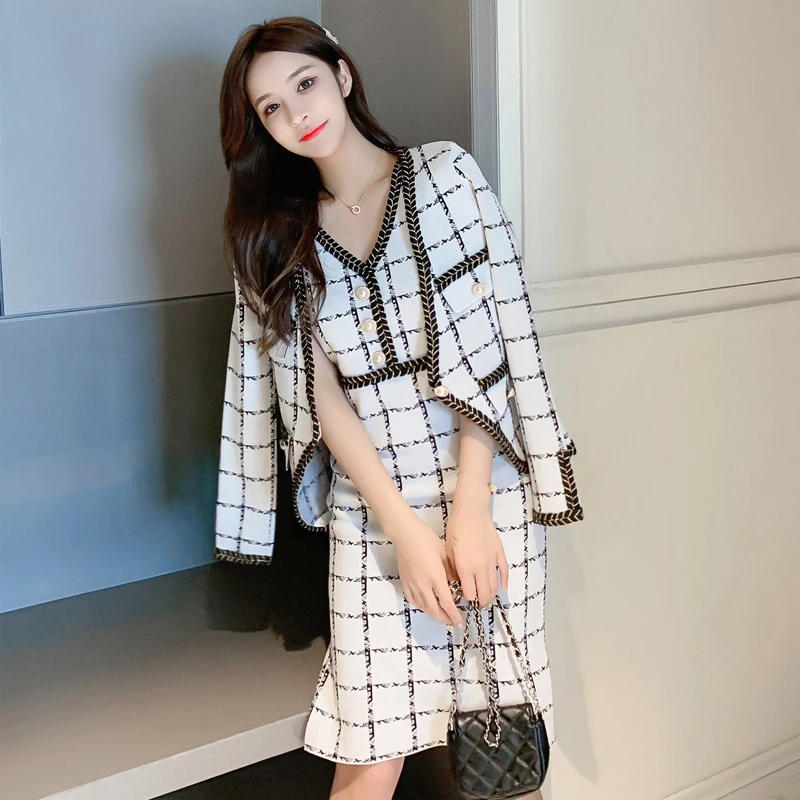 

Fall Vinatge Knitted Plaid Dress Two Piece Set Women Elegant Long Sleeve Cardigan + V-neck Pearl Button Sleeveless Vest Female