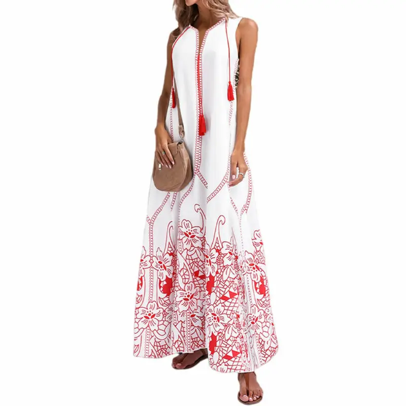 

Summer Maxi Dresses Women Elegant Fashion Tank Dress Long Sleeveless V-Neck Floral Printed Beach Casual Clothing Women