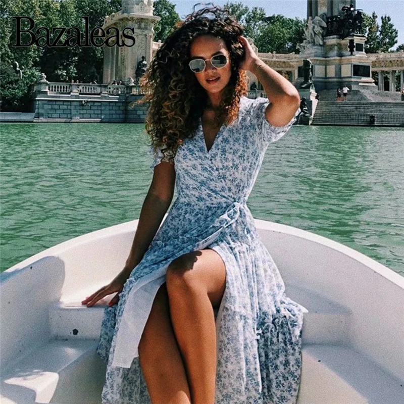 Bazaleas винтажное синее с цветочным принтом vestidos шикарное короткий рукав разрезом