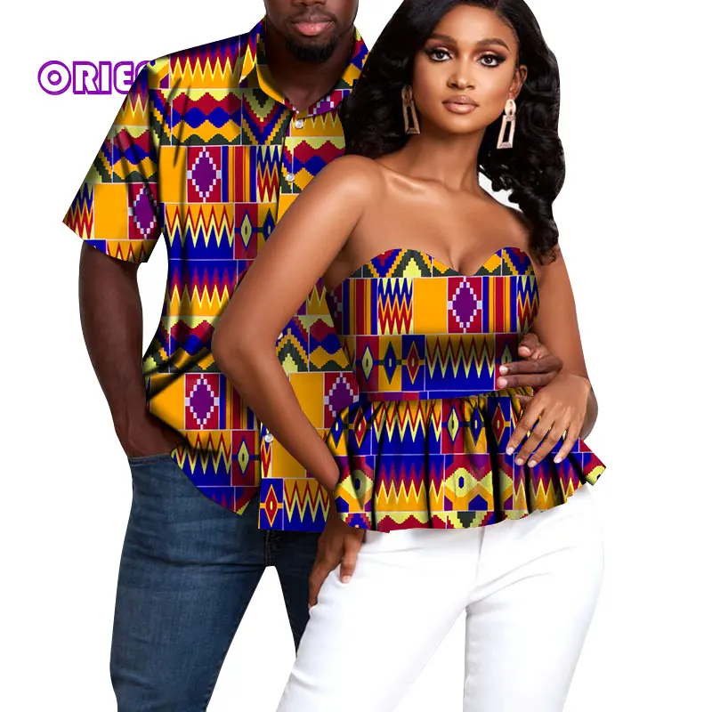 

Couple African Clothes Couple Tops Men Short Sleeve Shirt Women Off Shoulder Blouse Fashion African Print Cotton Clothing WYQ728