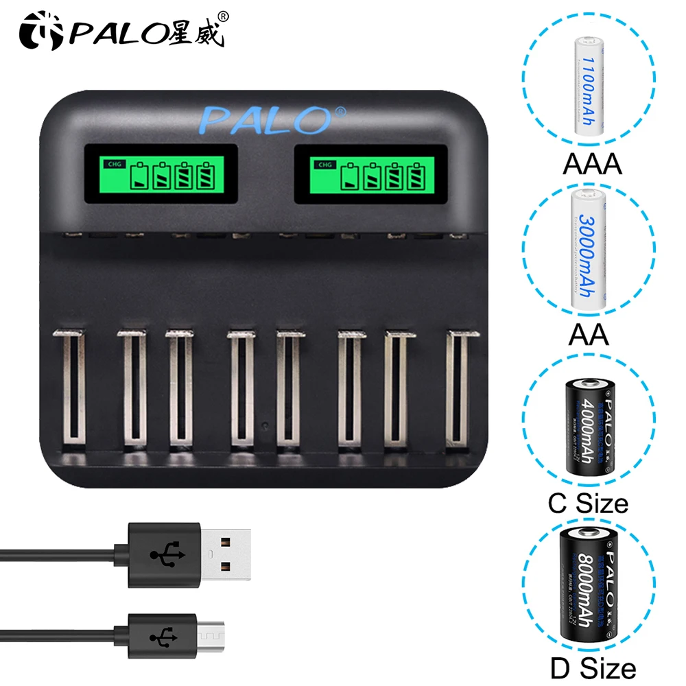 PALO зарядное устройство для аккумуляторов с USB& Smart lcd интеллектуальное для AA AAA C D SC nimh nicd аккумуляторов Быстрая зарядка долговечное использование