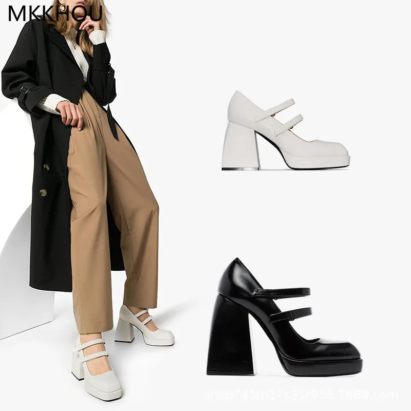 

Туфли MKKHOU женские на толстой подошве, модная обувь с квадратным носком, на липучке, на Высоком толстом каблуке, всесезонные