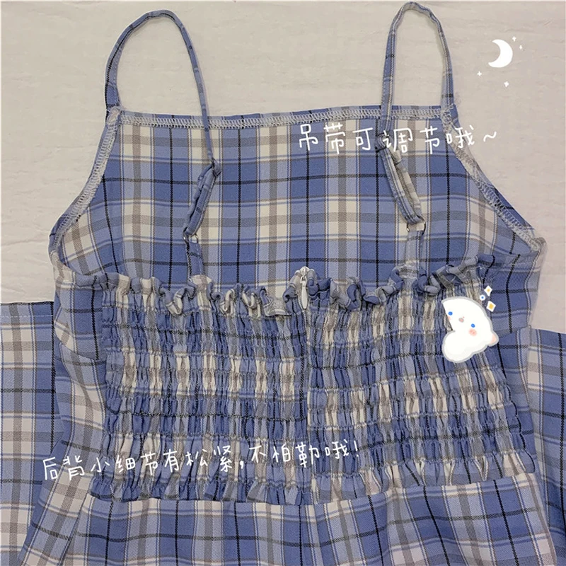 

Blue Plaid Print Summer Mini Dress Women Adjustable Spaghetti Strap Slash Neck A-line Dress Sexy Vintage Back Zipper Party Dress