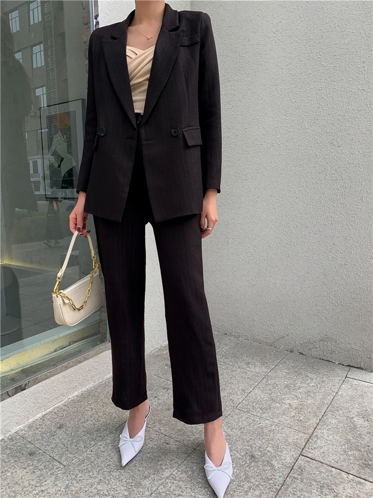 

YOCALOR 2020 New Summer Autumn Women Sets 2 Piece Matching Pants Casual High Waist Office Lady Striped Elegant Suit