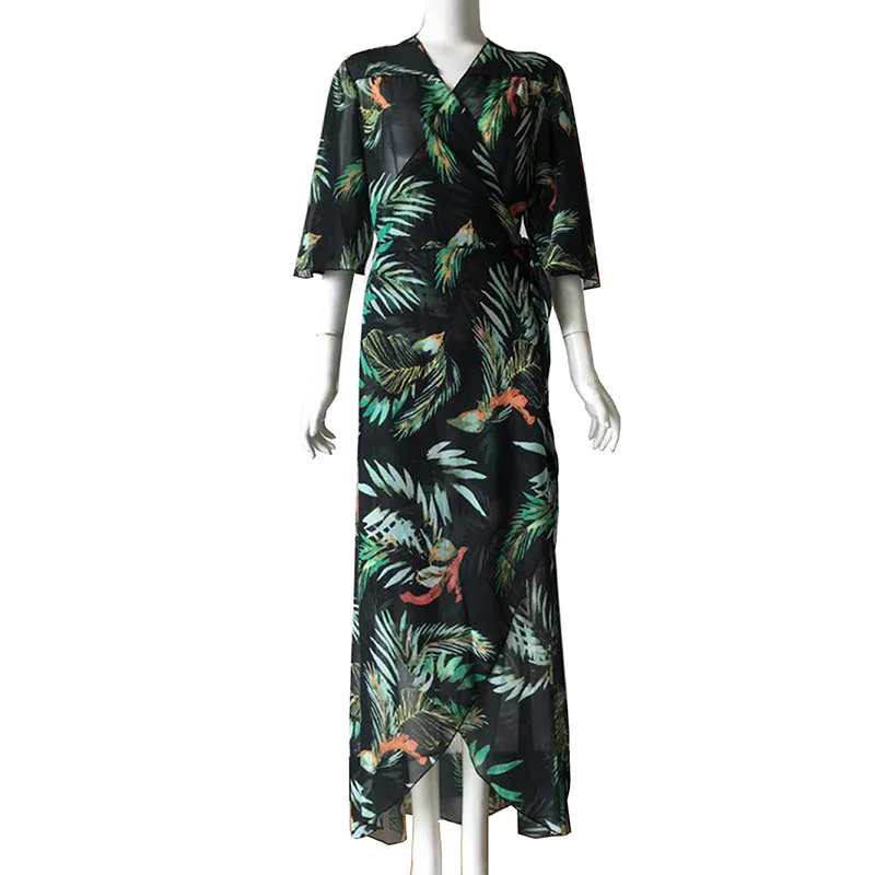 

Sun Flared Dress Beach Chiffon Protection Dresses for Women Maxi Fashion Print Lady Irregular Sleeves Dress Female Clothing 2021