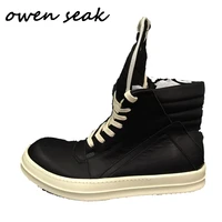 owen seak men shoes high top ankle boots genuine leather sneaker luxury trainers boots casual lace up zip flat silver big shoes