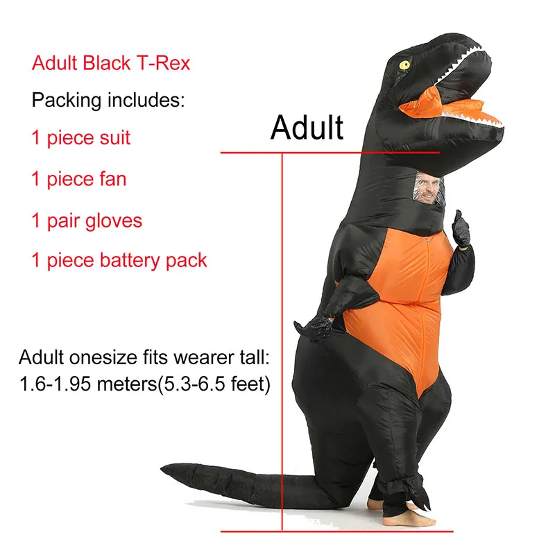 Adult Black T-rex JYZCOS взрослый T REX надувной костюм динозавра Хэллоуин партии Косплей Костюм для женщин мужчин детей Карнавальный костюм - Цвет: Adult Black T-rex