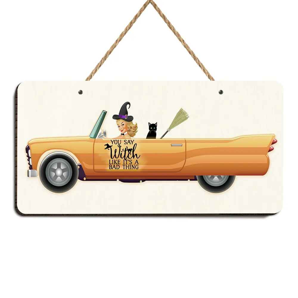 Веселый Хэллоуин с кошкой автомобиль деревянный знак деревянная доска старинное