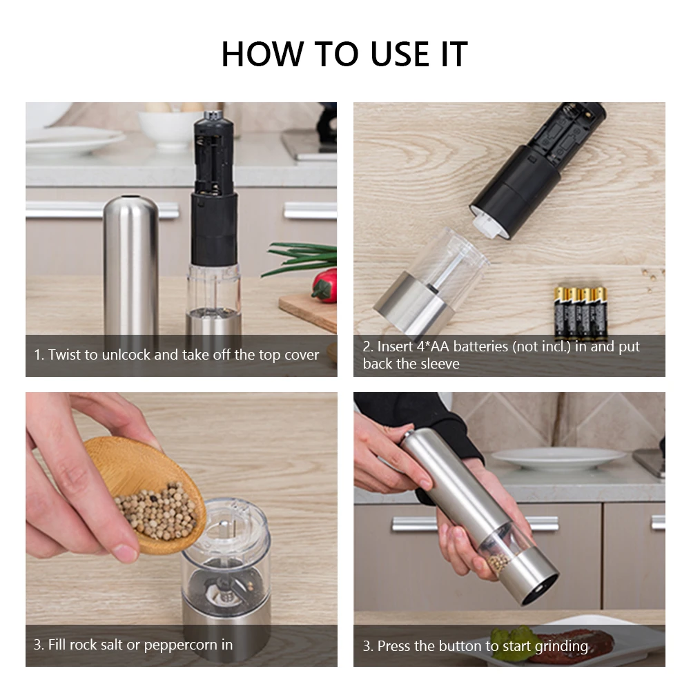 

Electric Automatic Pepper Salt Mill Gadget Kitchen Tools Seasoning Bottle Spice Grinder Kitchen Accessories With LED Light