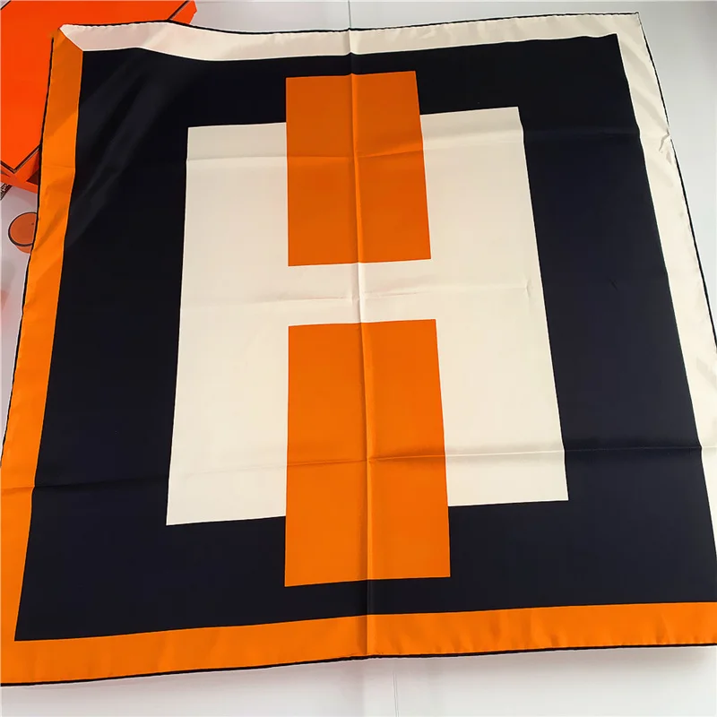 

90cm Manual Hand Rolled Twill Silk Scarf Women Patchwork Letters Print Square Scarves Wraps Femme Bandana Hijab