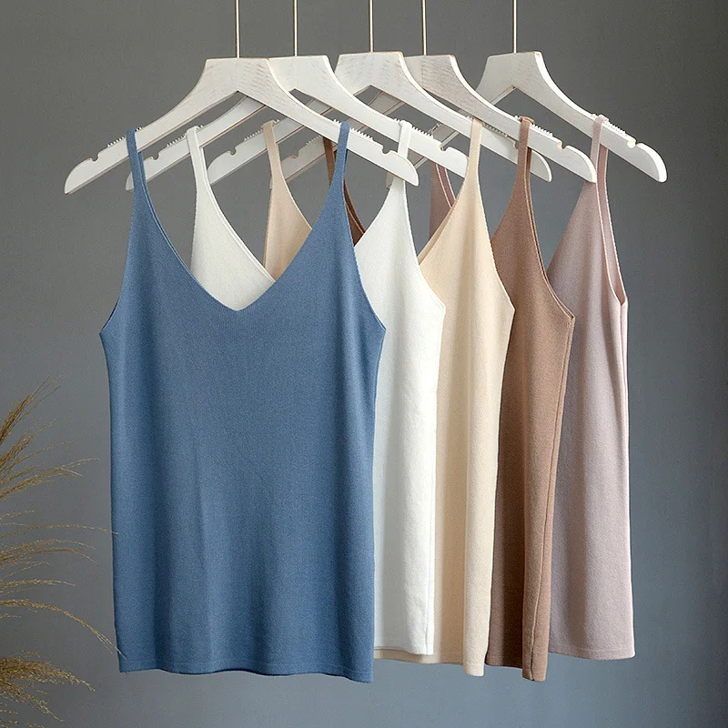 

2021 Summer Women Vest Tank Tops Thin Knitted Silk Cotton Women's Bottoming Vest Slim Solid Color Elastic Sleeveless Tank Shirts