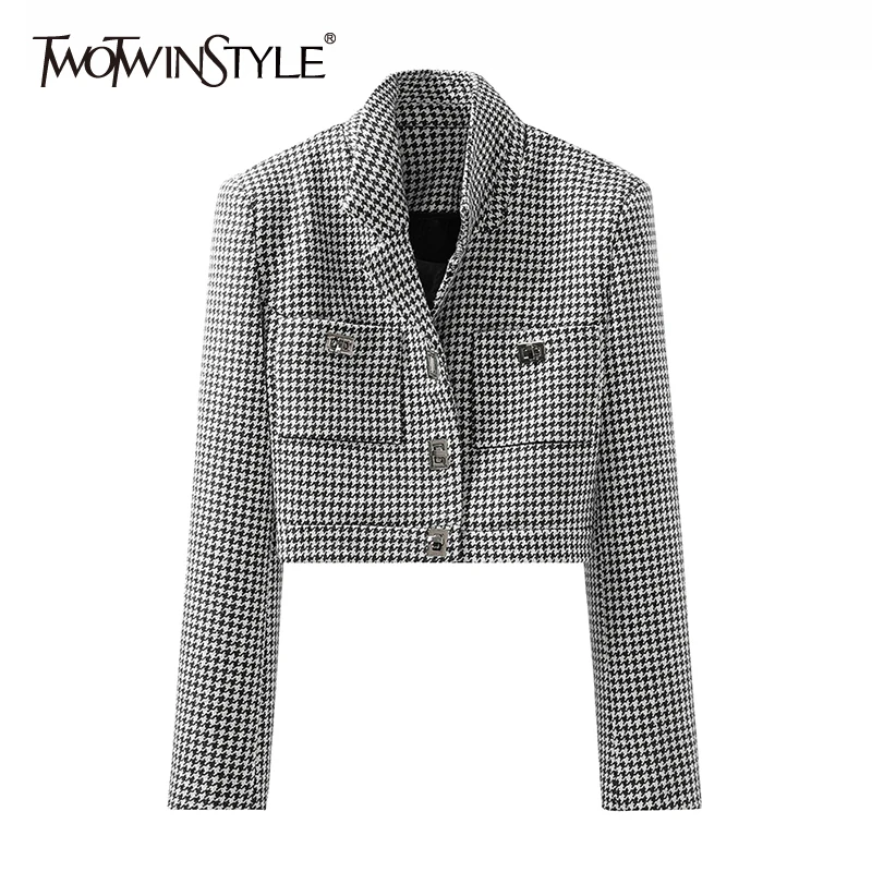

TWOTWINSTYLE Green Houndstooth Dual Pockets Korean Short Slim Female Blazer Notched Long Sleeve Fashion Women's Jacket Style New