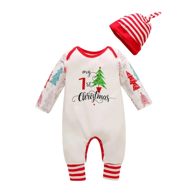

Autumn Baby Girl Boy Christmas Letter Print Pattern Infant Long Sleeve Bodysuit+Hat Newborn Romper Set