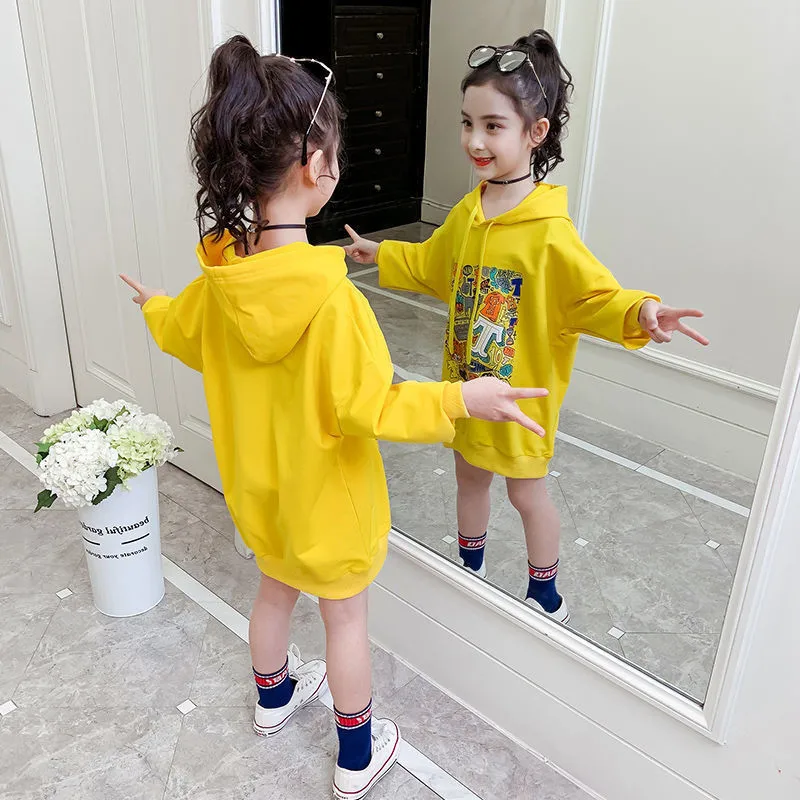 

New Print Hooded Pullover Long Sweater Girls Clothing Tops Spring Autumn Fashion Girl Clothes Pure Color Wild Style School Gifts
