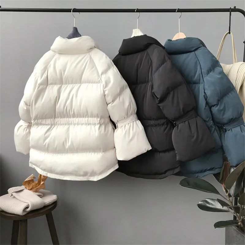 Милый однотонный пуховик на осень и зиму для женщин с воротником стойкой теплый