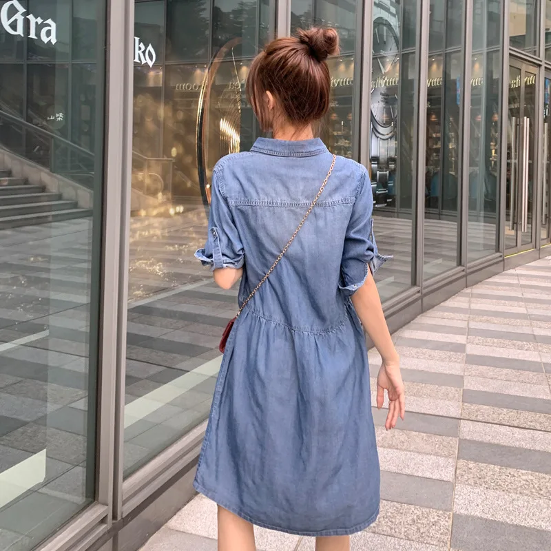 

Summer Large Size Women Dress Three Quarter Sleeves High Waist Thin Tencel Denim Dress Casual Dresses TA1973