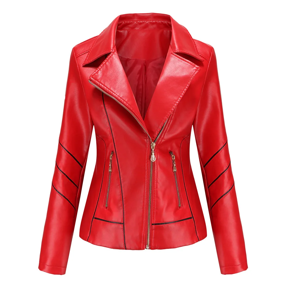 Women Spring Autumn PU Leather Jacket Slim Fit Turn-down Collar Zipper Motorcycle Faux Leather Jacket Outerwear Jackets Coat enlarge