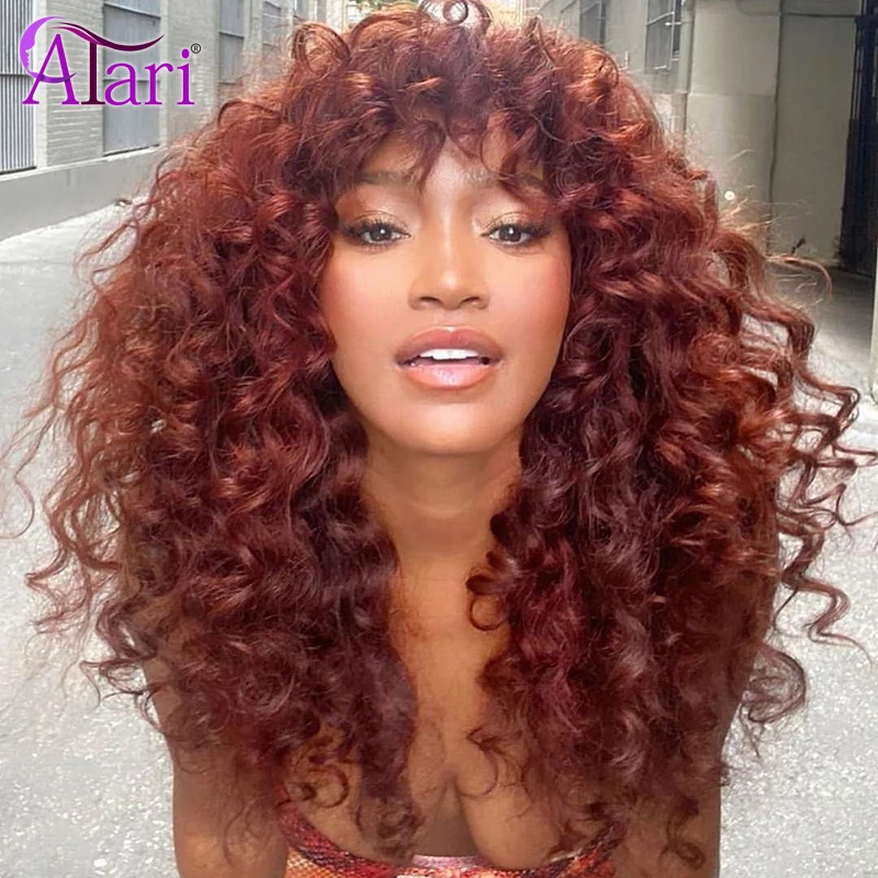 Виги из кудрявых человеческих волос цвета коричневого имбиря с челкой, плотностью 200% и полностью машинным производством "Atari Highlights Brown Jerry Curly Human Hair Wigs with Bang 200 Density Ginger Full Machine Made Peruvian on."