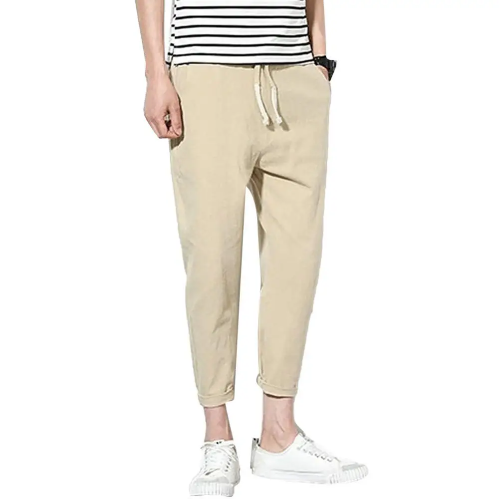 

50% Hot Sale Men Casual Solid Color Ankle Tied Pockets Drawstring Sports Long Pants Trousers