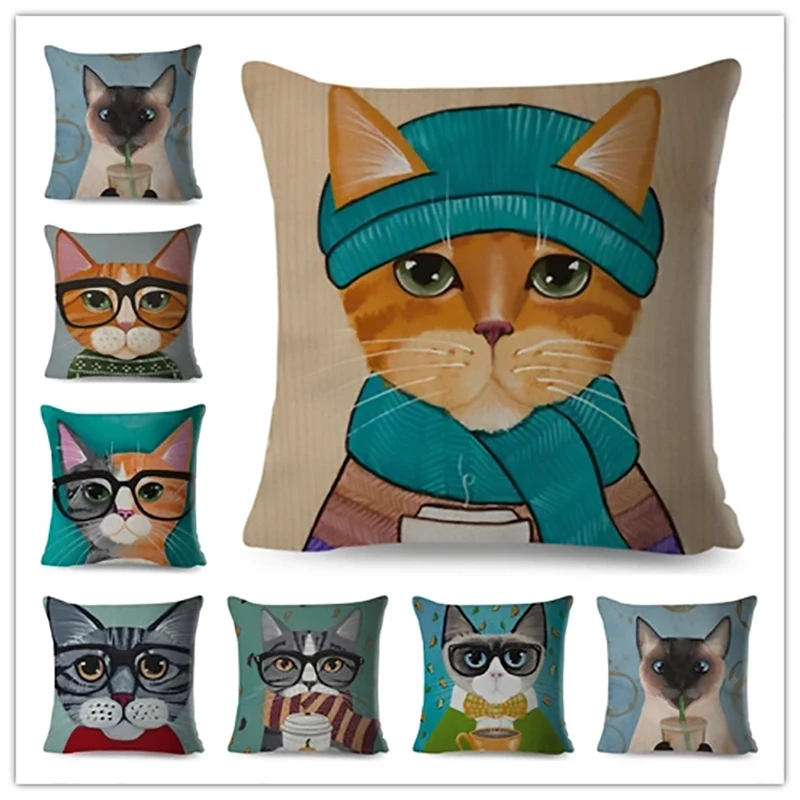 

Модный чехол для подушки с котом, Мультяшные животные, полиэфир 45x45, квадратный чехол для дивана, домашний декоративный чехол для диванной п...