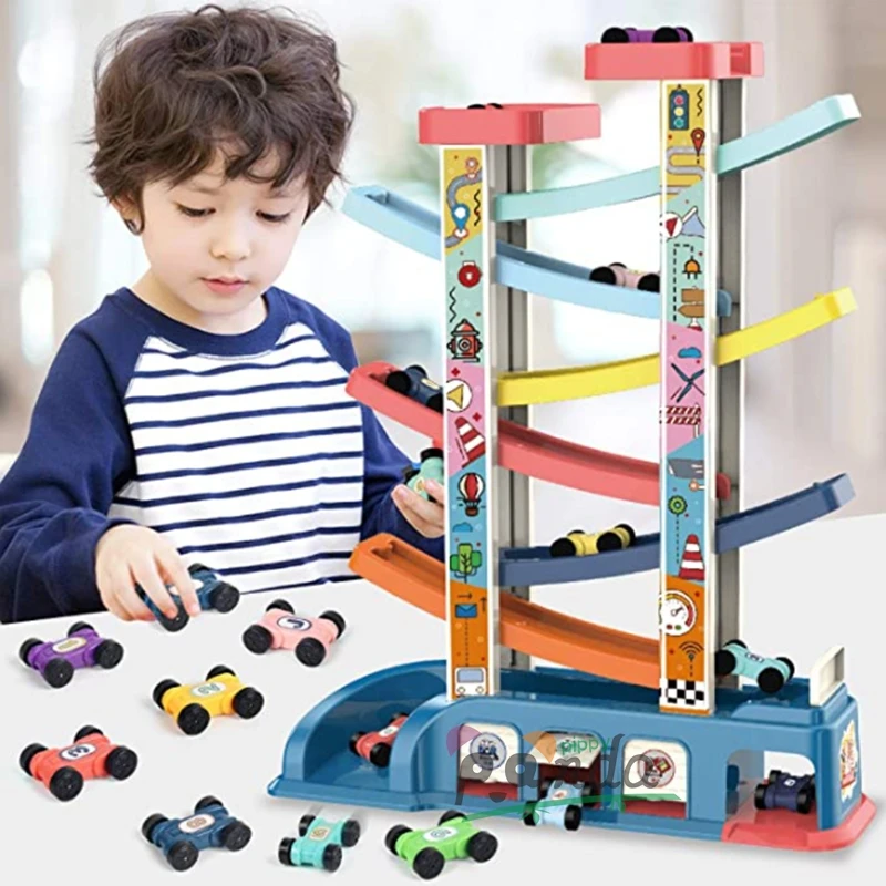 Rampa de coche de juguete para niños pequeños, juguete inercial con 6 rampas, Mini coches 8, 2 aparcamientos de techo, pista de carreras, juguete para 2, 3, 4 y 5 años