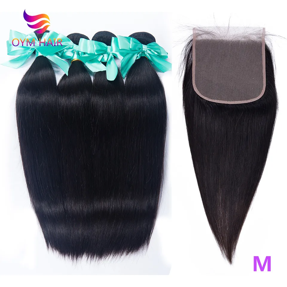 Связки малайзийских волос с закрытием прямые пучки натуральные человеческие