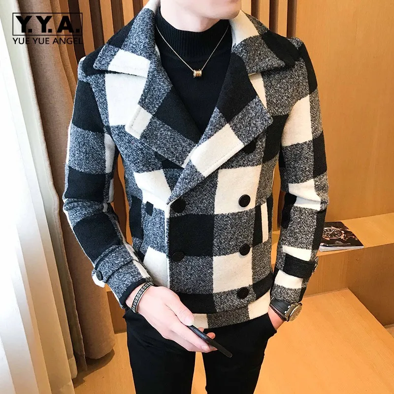 Модные клетчатые двубортные мужские шерстяные короткие пальто Корейская