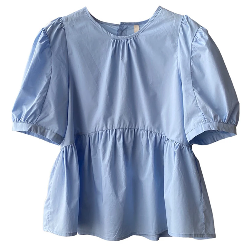 

White Shirts for Women French Retro Puff Sleeve Solid Female Slim Shirts Tops Summer Blouses