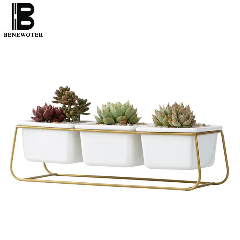 

Creative Ceramic Flower Pot Succulent Plants Vase Simple Wrought Iron Desktop Flower Pots Planters Office Green Bonsai Pot Decor