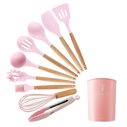 Pink 10pcs-A 9/10/12 шт. Пособия по кулинарии набор инструментов из силикона премиум класса, Кухня Пособия по кулинарии Посуда Набор отверток с хранения коробка Turner щипцы шпатель суповая ложка - Цвет: Pink 10pcs-A