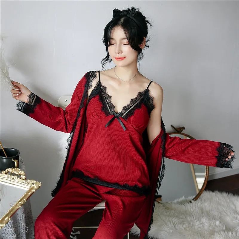

Cotton Satin Pajamas for Women 3Pieces Sleepwear Female Sexy Lace Autumn Winter Pajamas Set Coat+Vest+Pants Pijamas Suits