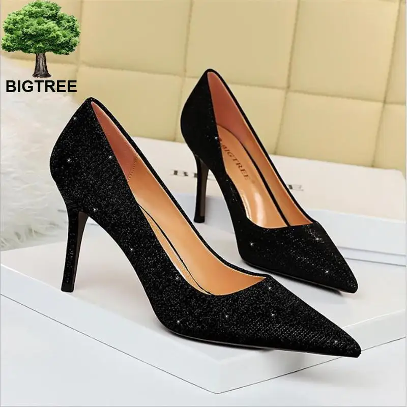 

2020 Hot Fashion Women's Shoes Woman High Heels Pointed toe Glitter Pumps Female Sexy Brides Wedding Shoes Black Party Pumps