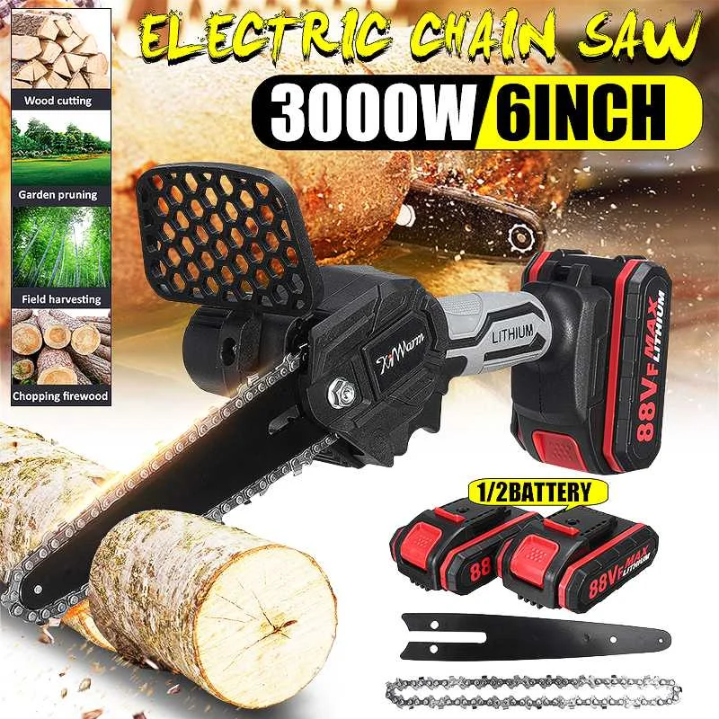 

6 Inch 88V 3000W Mini Pruning Saw Electric Chainsaw Garden Trimming Saw With Battery One-Handed Woodworking Cutter Power Tool