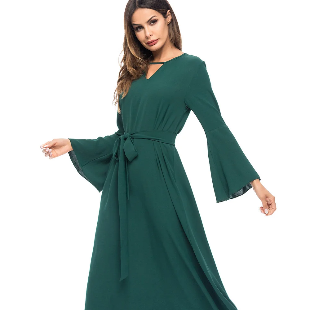Женское длинное платье в мусульманском стиле, универсальное платье с V-образным вырезом и поясом в европейском и американском стиле, 2021