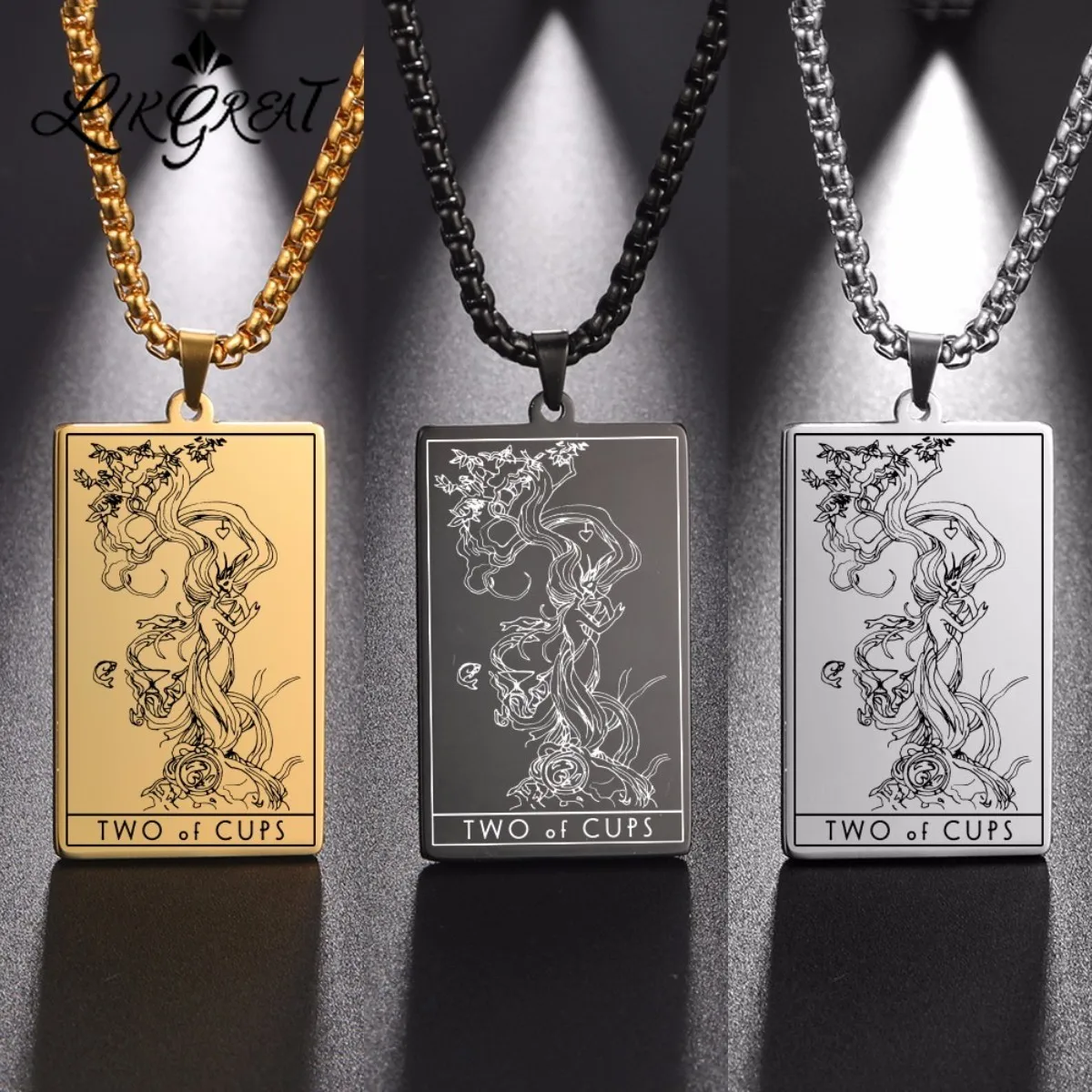

Vintage Tarot Cards Stainless Steel Necklaces Jewelry Gifts 2nd of Cups Minor Arcana Chalices Neck Pendants Chain Witchcraft New