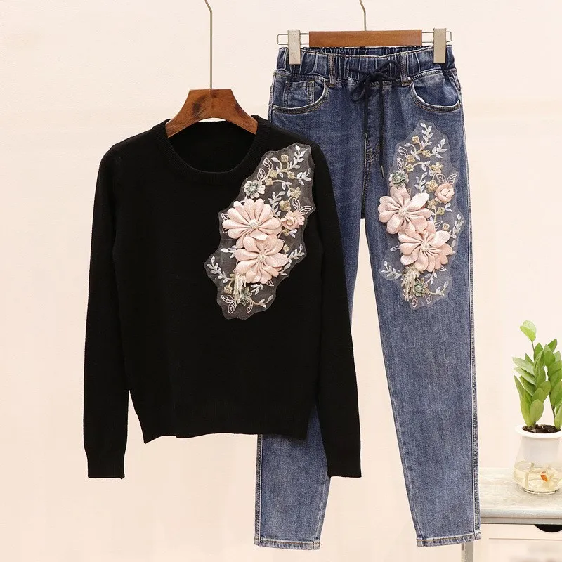 Новый женский повседневный костюм с вышивкой вязаный 3D пуловер в цветочек и