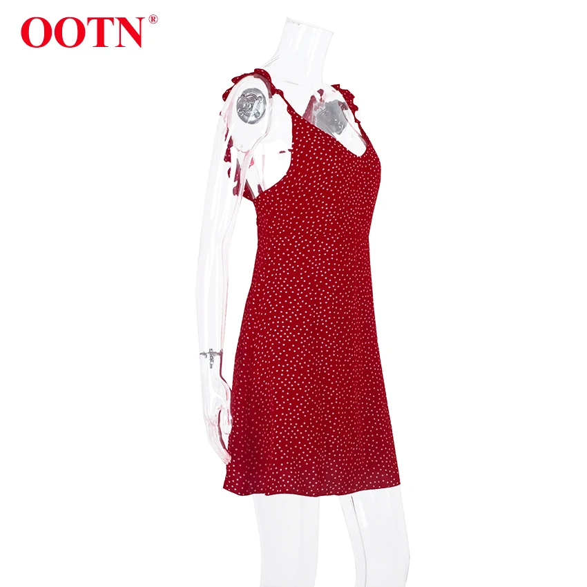 OOTN платье в красный горошек с оборками, женское летнее платье с открытой спиной на шнуровке, элегантное платье без рукавов на бретельках