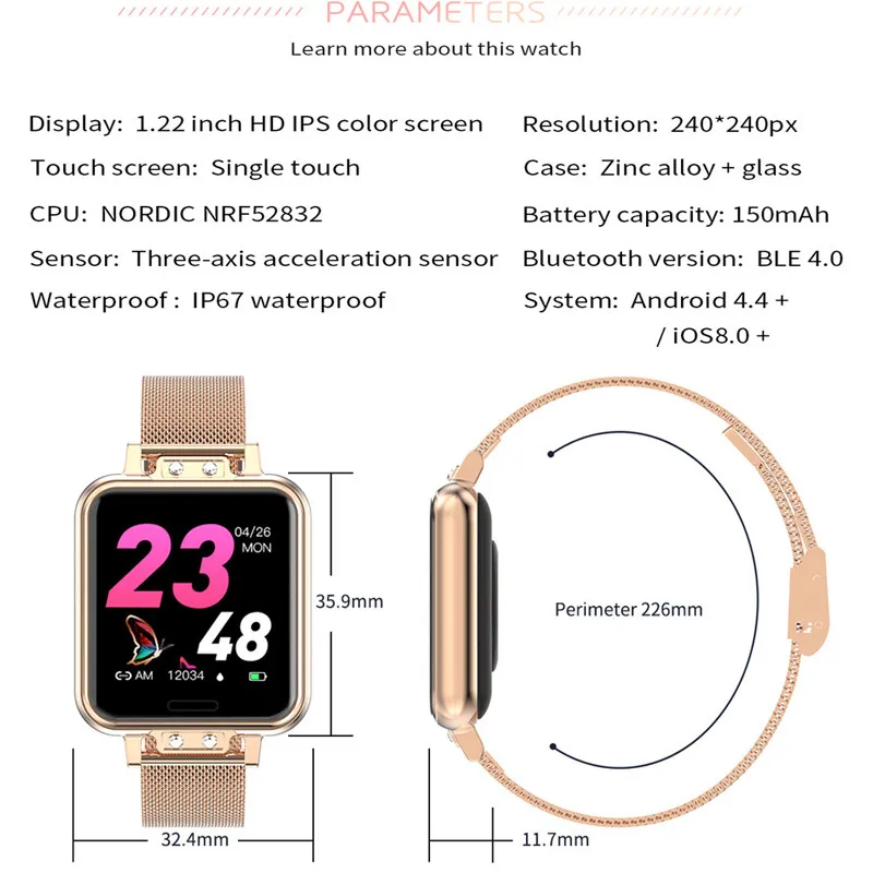 

GEJIAN Smart Watch Women Stainless Steel Color screen Smartwatch with Heart Rate Blood Pressure Female Health and Notifications