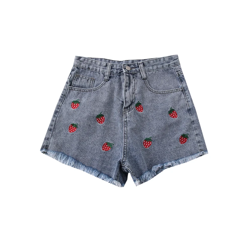 Женские джинсовые шорты с завышенной талией и принтом клубники|Женские шорты| |