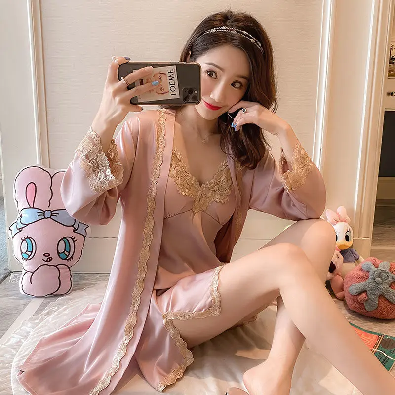 

2021 Summer New Long Sleeve Robe Women's Sexy Lace Solid Color Suspender Skirt Two Piece Ice Thin Home Clothes Robe Sets