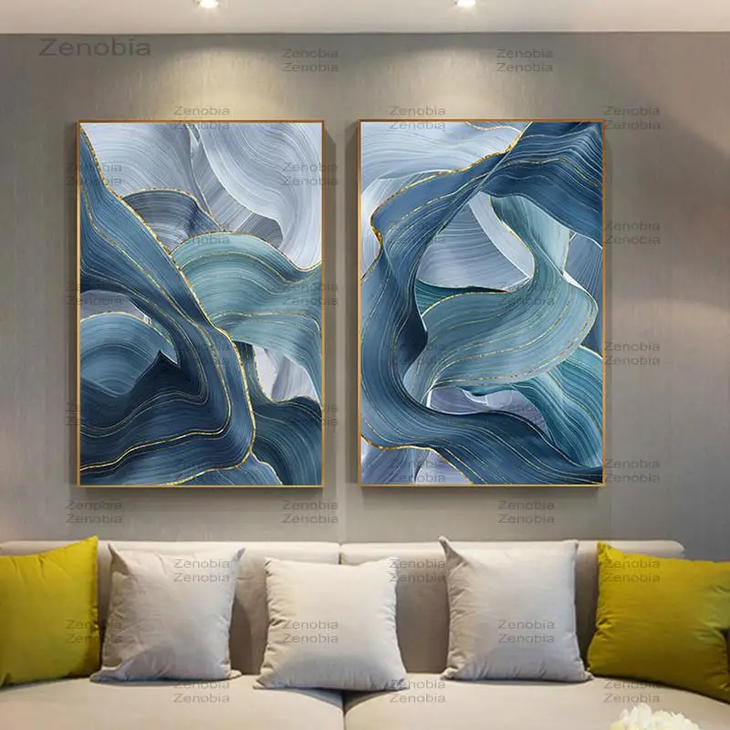 Синие зеленые золотые линии волнистый геометрический постер новый китайский