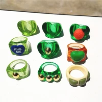 2021 fashion simple aesthetic transparent green acrylic resin geometric heart shaped square ring for women girl summer jewelry