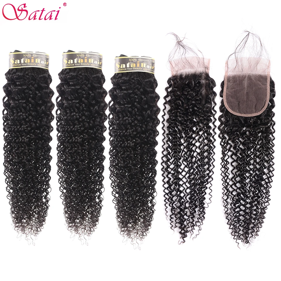 Курчавые волосы Satai 3 пучка с закрытыми волосами средняя часть натуральный цвет